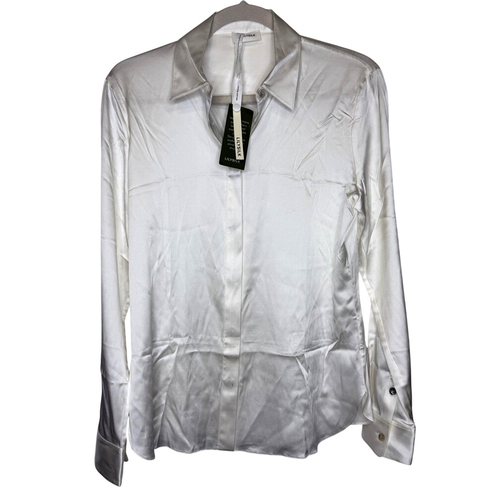 LILYSILK Shirt Womens Medium White Mulberry Silk Stretch Satin Button Top - Flaw